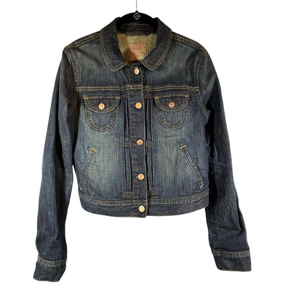 Old Navy Denim Crop Medium Wash Blue Jean‎ Button Up Trucker Women's Size Large